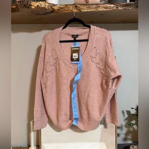 NWT Express Blush Pink V neck Sweater with Rhinestone Heart Embellishments